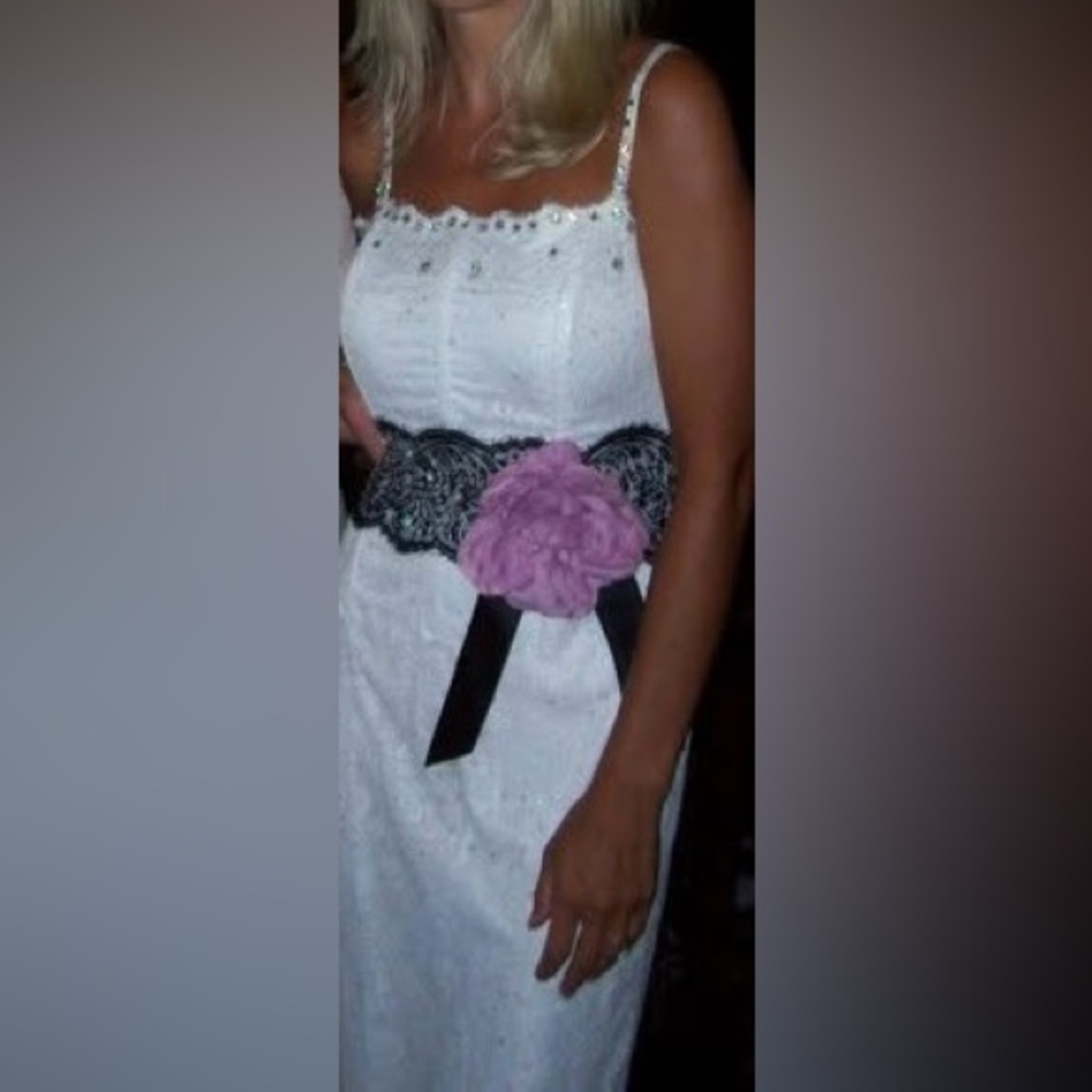 White Vintage Beaded Sequin Mandalay Dress with Purple Flower Detail